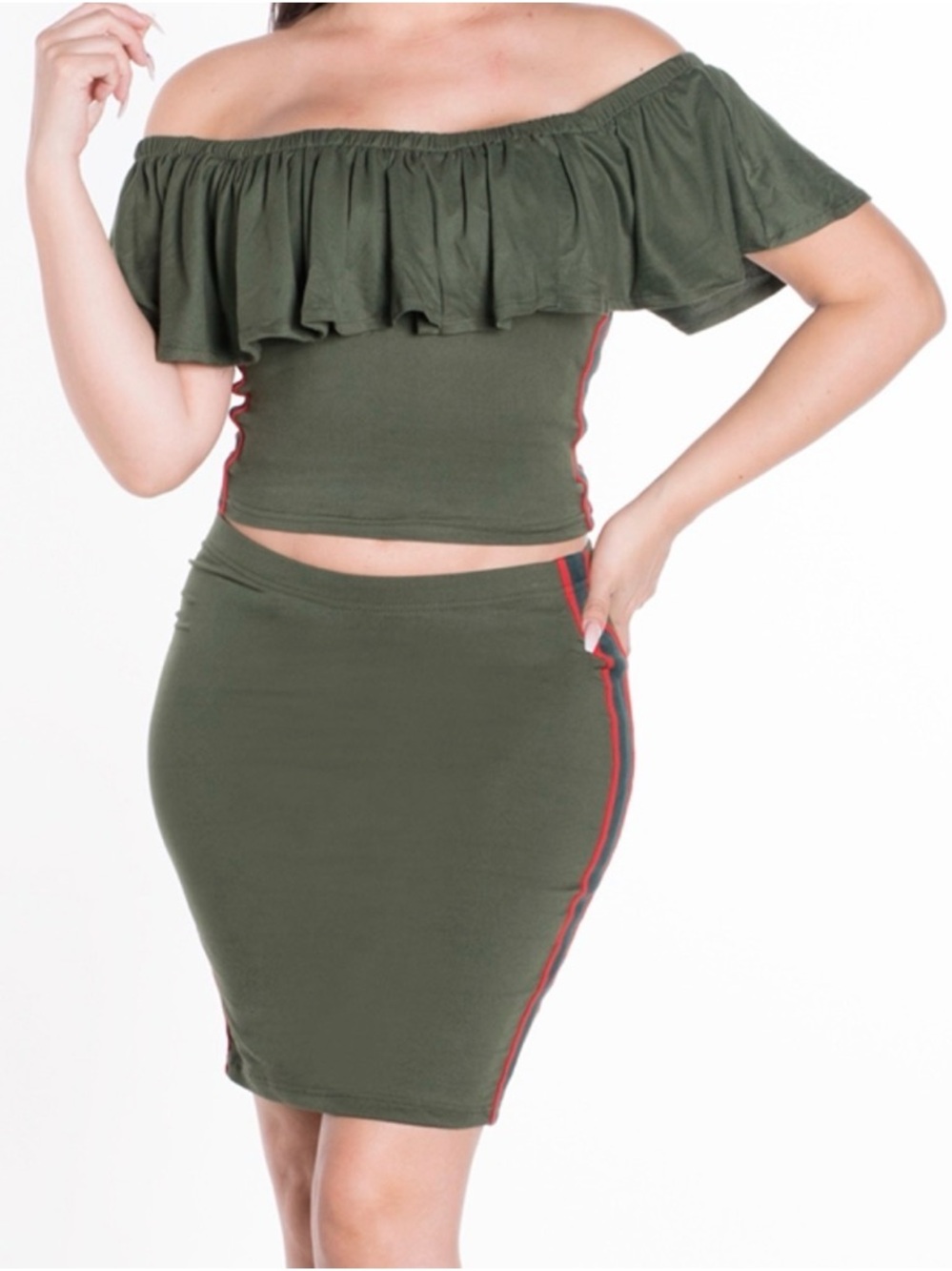 Olive Green Ruffle Off-Shoulder Tunic with Contrast Side Stripes